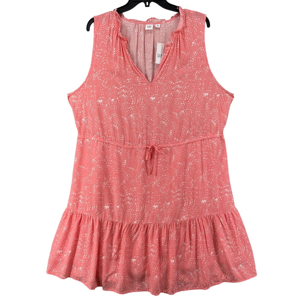 NWT GAP Dress Womens XXL Coral Pink Sleeveless Mini Floral Drawstring Ruffle